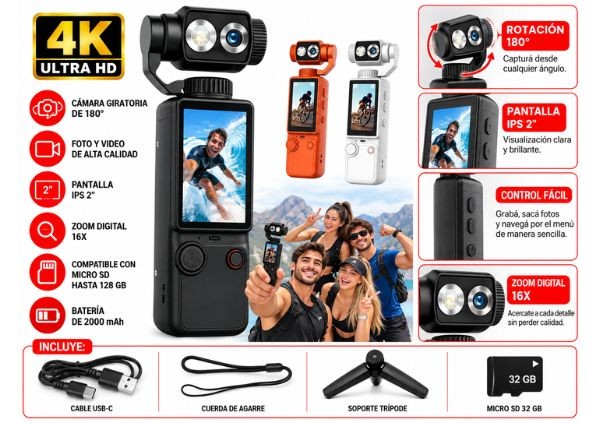 &ua CAMARA DEPORTIVA 4K ULTRA HD CON LENTE GIRATORIA Y PANTALLA Q13